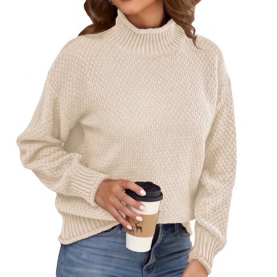 Women's Mock Neck Sweater Soft Winter Knit Top with Lantern Sleeves Premium Quality Fall/Winter Fashion