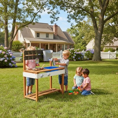 Whisen Wooden Kids Play Kitchen, Outdoor Mud Kitchen Playset with Water Play Set and Cooking Toys, Gift for 3+ Years Kid