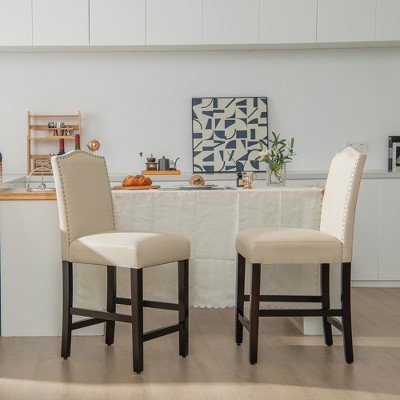 Set of 2 Beige Upholstered Nailhead Bar Stools with Wood Legs