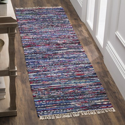 Blue and Multicolor Handwoven Cotton Wool Striped Runner Rug
