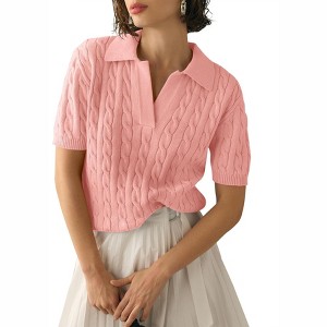BLUEMING Elegant Women's V Neck Lapel Short Sleeve Cable Knit Sweater Top Breathable Pullover Casual V Neck Tee - 1 of 4