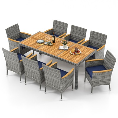 Tangkula 9 Pieces Patio PE Wicker Dining Set Outdoor Acacia Wood Table & Chairs