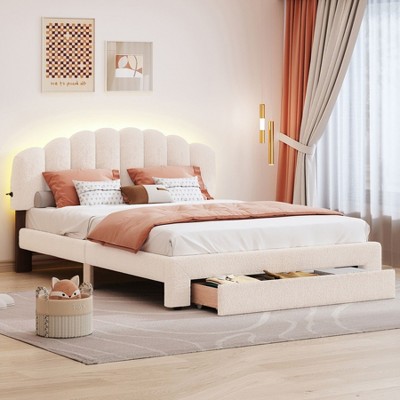 NicBex Queen Upholstered Bed Frame with 1 Large Drawer,Shell-Shaped Headboard with LED Light and 2 USB Ports,No Box Spring Needed,Easy Assembly