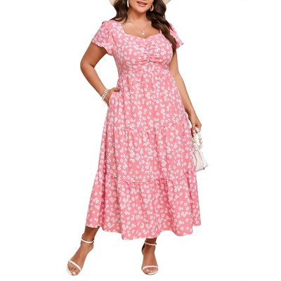 Womens Plus Size Dress Short Sleeve Maxi Dress Floral Ruffle Dress Sweetheart Neck Summer Casual Dress