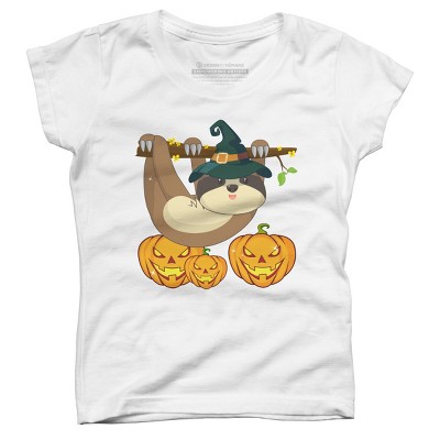 Girl's Design By Humans Funny Witch Sloth With Jack O Lantern Halloween T-Shirt By thebeardstudio T-Shirt