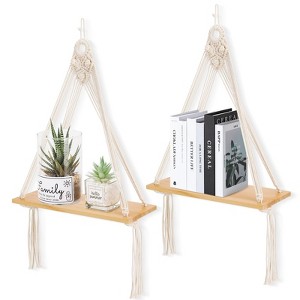 Aoibox Set of 2 Macrame Wall Hanging Shelves, Boho Wooden Floating Shelves for Wall Decor with Handmade Woven Rope - 1 of 4