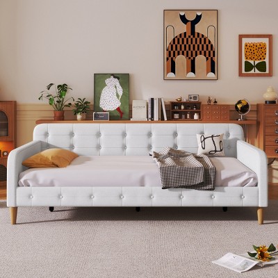 1pc Upholstered Daybed Frame, Linen Fabric Couch Bed with Armrests and Support Legs, No Box Spring Needed - Baofuwish