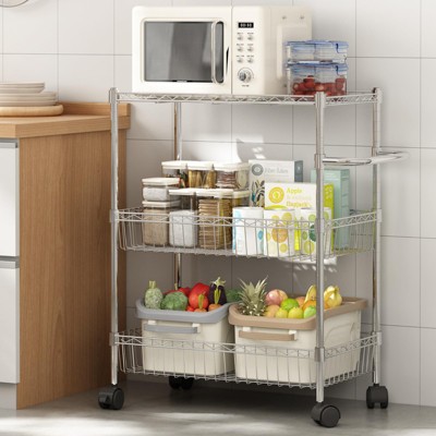 3 Tier Rolling Storage Cart, Adjustable Wire Shelving , Kitchen Cart On Wheels with Basket and Handle, for Laundry