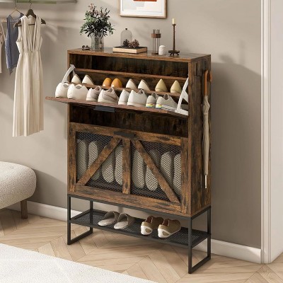 ZACHVO Shoe Storage Cabinet with 2 Flip Drawers & Bottom Rack, MDF Wood, Steel Legs, Adjustable Dividers – 31.5x9.45x44.1Inch, Rustic Brown