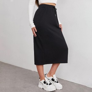 Coolmee Women's Midi Skirt Drawstring Elastic High Waist A-Line Sweat Skirts with Pockets - 1 of 4