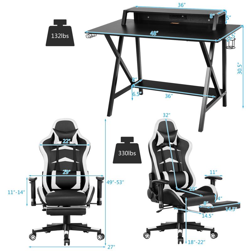 Costway Gaming Desk&Massage Gaming Chair Set w/ Footrest Monitor Shelf Power Strip White, 2 of 11