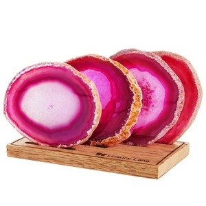 Luxury Lane Set of 4 Large Natural Brazilian Agate Slice Geode Rock Stone Drink Coasters with Wood Holder - 1 of 4