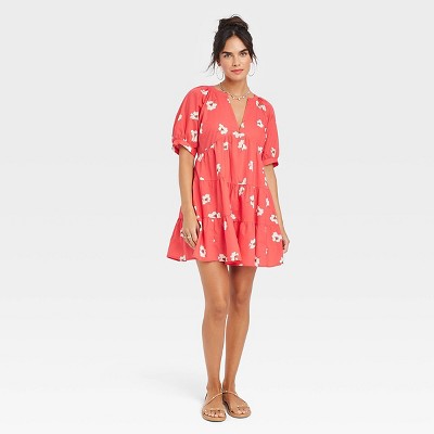 Women&amp;amp;#39;s Puff Elbow Sleeve Crinkle Tiered Mini Dress - Universal Thread&amp;amp;#8482; Red S