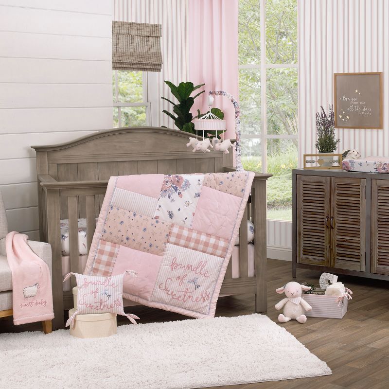 NoJo Farmhouse Chic Pink, Periwinkle, and White Floral, Stripes, Gingham, and Velvet 'Bundle of Sweetness' 4 Piece Nursery Crib Bedding Set, 1 of 10