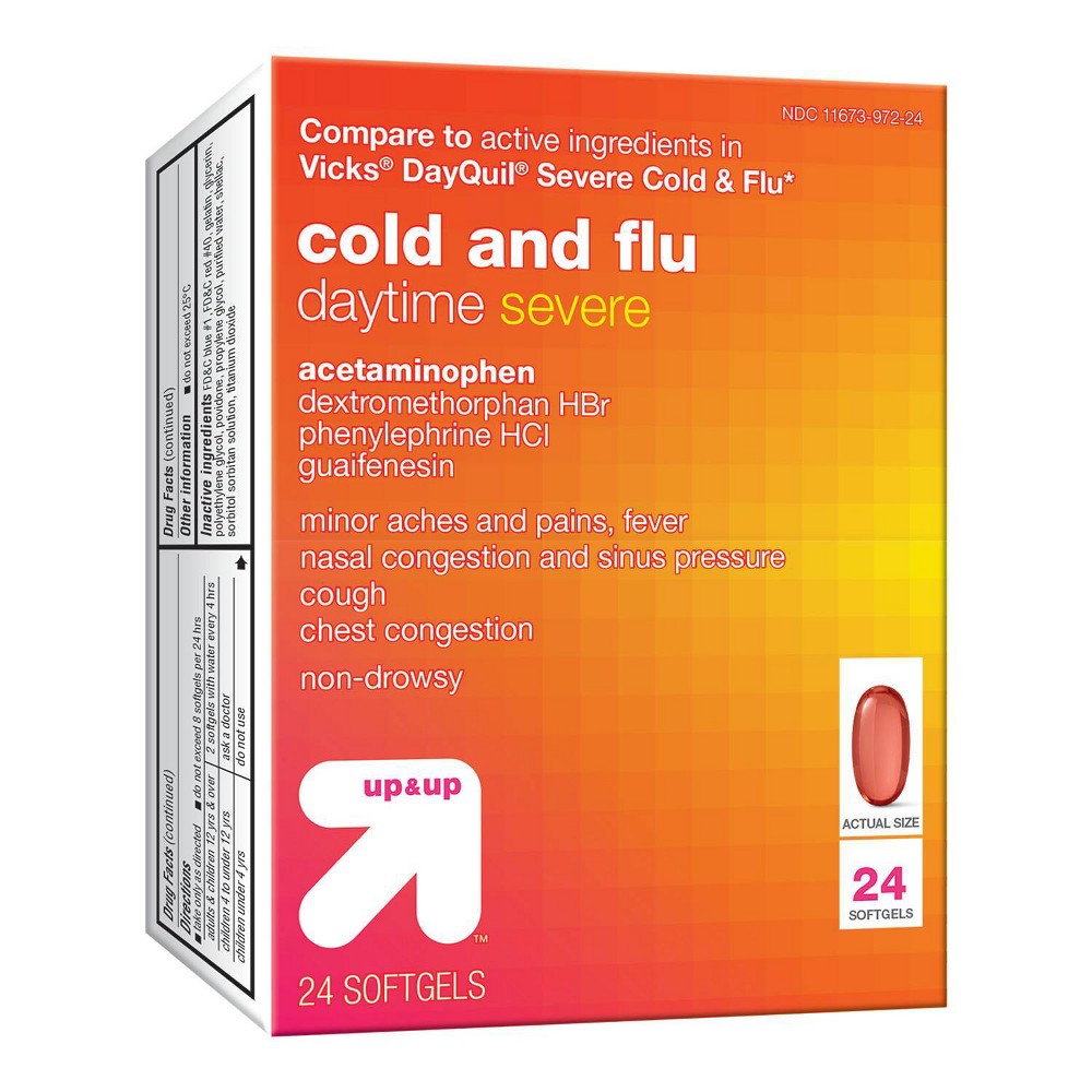 Daytime Severe Cold & Flu Softgel - 24ct - up & up Get relief from cold and flu symptoms with the Cold and Flu Daytime Severe Softgels from up and up™. Formulated with acetaminophen as the main active ingredient, these cold and flu softgels provide temporarily relief from common cold and flu symptoms including fever, nasal congestion and sinus pressure, cough, chest congestion and minor aches. Plus, the non-drowsy formula helps you keep going even when you aren't feeling your best. 100percent Satisfaction Guaranteed. Age Group: adult.