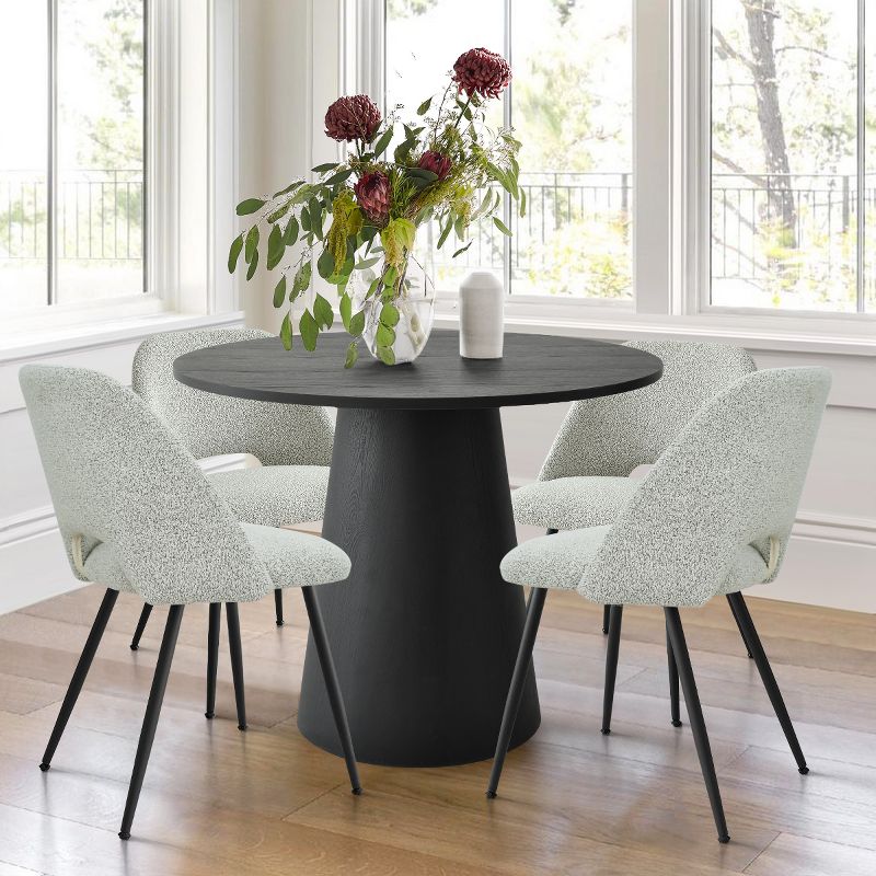 Dwen+Edwin 5-Piece 35" Manufactured Black Grain Table and 4 Upholstered Boucle Chairs Modern Round Dining Table Set-The Pop Maison, 1 of 10