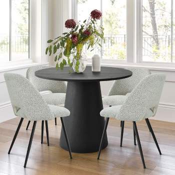 Dwen+Edwin 5-Piece 35" Manufactured Black Grain Table and 4 Upholstered Boucle Chairs Modern Round Dining Table Set-The Pop Maison