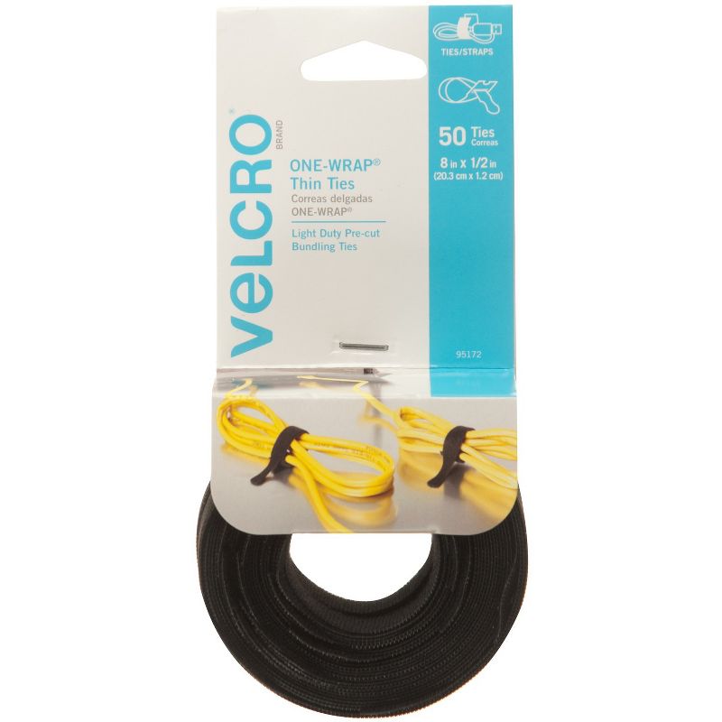 Velcro One-Wrap Reusable Ties 1/2" x 8" Black 50/Pack 95172, 1 of 10