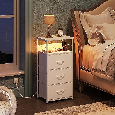 GALAXHERO Nightstand Set of 2 with Charging Station, LED Night Stand with 3 Fabric Drawers and Storage Shelf, Bedside Table 31.93" Tall