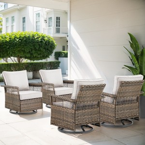 Belord High Back Outdoor Swivel Rocker Set of 4, Brown Wicker Furniture Swivel Chair with 5-Inch Wide Armrest and Thick Cushion for Porch - 1 of 4