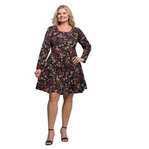 24seven Comfort Apparel Floral Print Long Sleeve Fit and Flare Mini Dress - 1 of 3