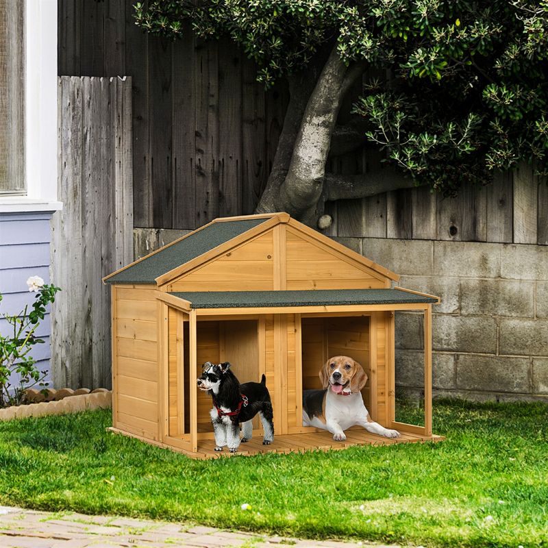 PawHut Wooden Dog House Outdoor Duplex for 2 Medium or Small Dogs, Outdoor Double Dog House with Porch, 50" x 43" x 43", 4 of 8