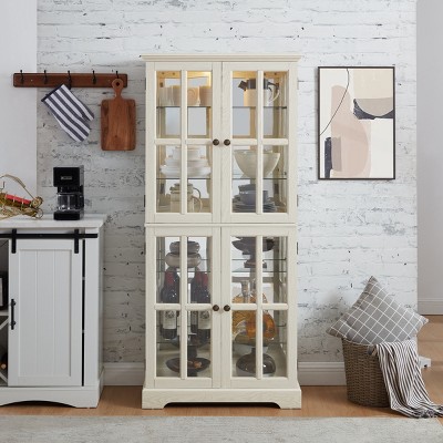 Tall Antique Lighted Glass Display Cabinet with Adjustable Shelves,Vintage Curio Showcase for Collectibles Storage-Baofuwish