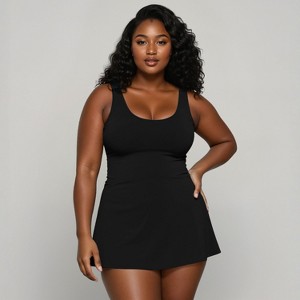 Calypsa Women's Plus Size Hayley Tankini-Style Swim Dress With Adjustable Straps and Hidden Bikini Bottoms - 1 of 3