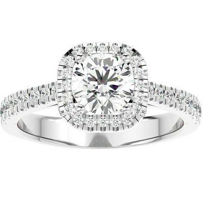 Pompeii3 1 1/6Ct Moissanite & Diamond Cushion Halo Engagement Ring White or Yellow Gold