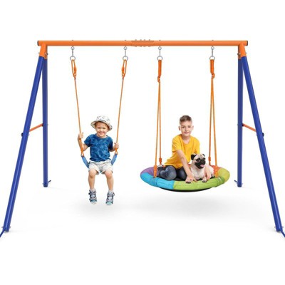 Gikpal Swing Set for Kids, 440lbs Swing Set with Heavy-Duty Metal Frame & Adjustable Ropes, Safe Waterproof Round Playset for Backyard, Rainbow Color