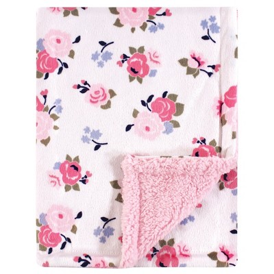 Luvable Friends Baby Girl Plush Blanket with Faux Shearling Back Pink Floral One Size