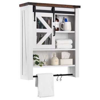 Over The Toilet Bathroom Cabinet with Sliding Barn Door, Bathroom Organizer Cabinet with Towels Bar
