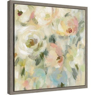 Expressive Pale Floral Abstract Canvas Wall Art in Gray Frame