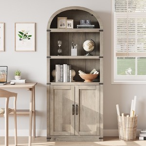 71.65" Bookcase with Doors Arched Bookshelf Tall Bookcase Farmhouse Cabinet with Shelves Wooden Bookshelves for Home Office, Living Room - 1 of 4