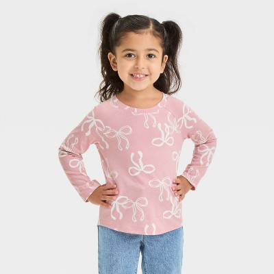 Image of Toddler Girls' Bow Printed Long Sleeve T-Shirt - Cat & Jack™ Pink 5T