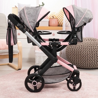 Butterfly Grey and Pink Twin Doll Pram with Adjustable Handle
