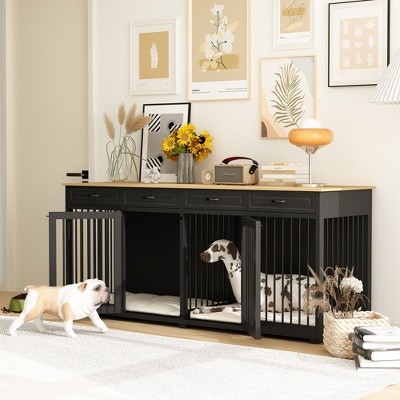 FUFU&GAGA 86.6" Large Dog Crate Furniture Wooden Dog Kennel with 4 Drawers
