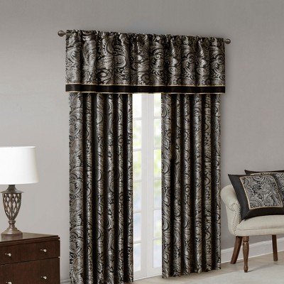 Black Faux Silk Jacquard Light-Filtering Curtain Panel Pair