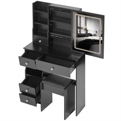 NicBex Makeup Vanity Desk with Left Drawers & Cushioned Stool,Wood Makeup Table with Sliding Mirror for Bedroom