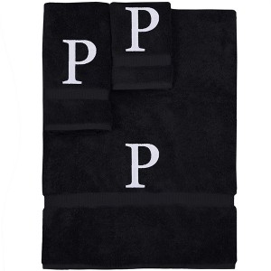 BC BARE COTTON Monogrammed Towel Set, Personalized Gift, Set of 3 - Black - White Block - 1 of 4