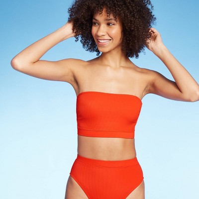 red strapless bathing suit