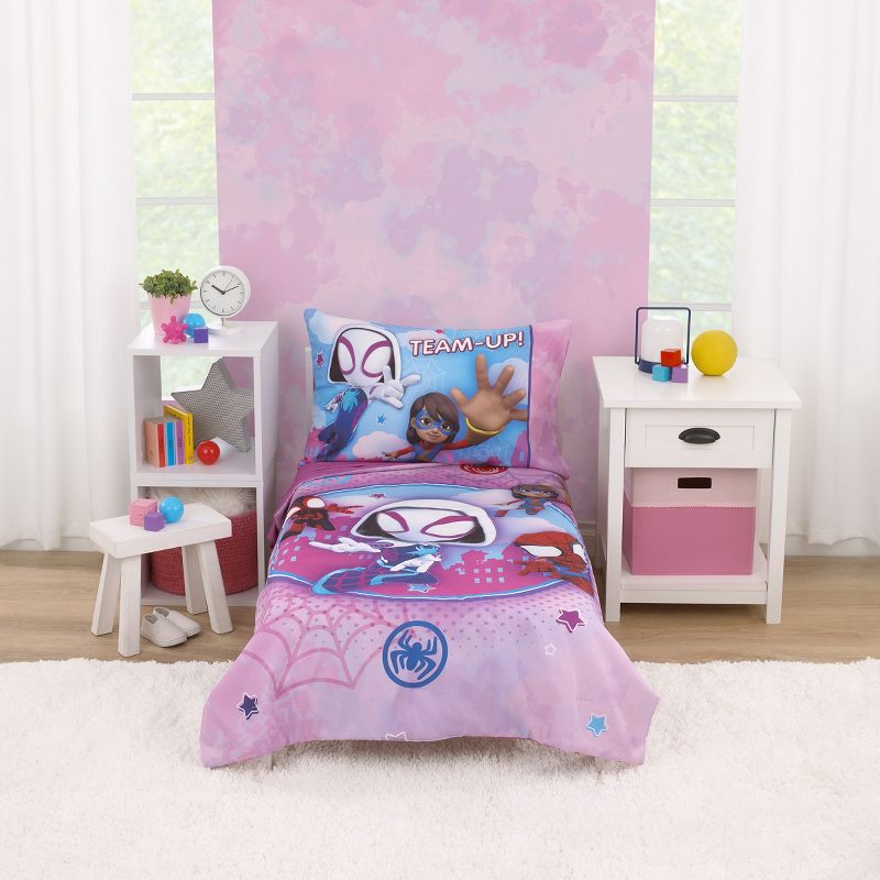 Marvel Ghost Spider, Go Ghosty Purple, Pink, and Blue 4 Piece Toddler Bed Set, 1 of 7
