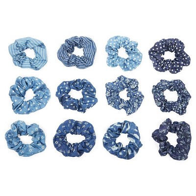 Glamlily 12 Pack Blue Denim Hair Scrunchies, Cute Cotton Styling Accessories Pack for Girls, Women, 4 in