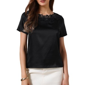 INSPIRE CHIC Women's Summer Satin Dressy Casual Short Sleeve Crew Neck Floral Lace Elegant Blouses - 1 of 4