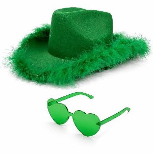 4E's Novelty Green Cowboy Hat with Feathers & Heart-Shaped Sunglasses