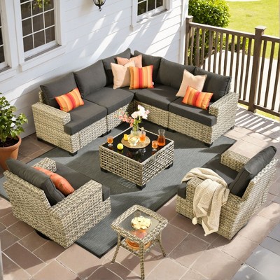 XIZZI Versatile Outdoor Rattan Sectional Sofa Set Collection, 8/9/10-Piece Set w/ Comfy Swivel Chairs, Perfect for Patio Relaxation and Entertaining