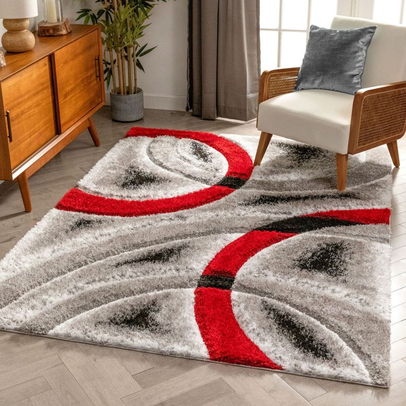 Well Woven Olly Geometric Stripes Thick Soft 3D Textured Shag Red Area Rug, 3 of 8