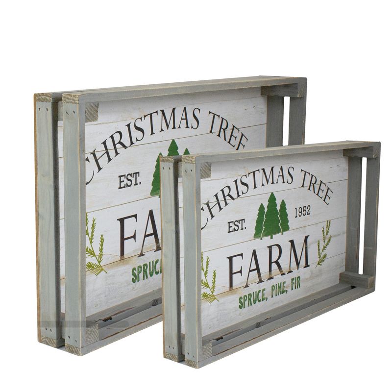 Northlight Set of 2 Gray and White Farm Fresh Christmas Trees Wooden Tray Hanging Signs 21", 3 of 6
