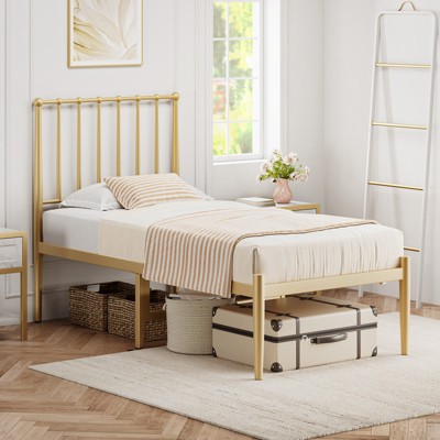 Twin Size Metal Platform Bed Frame with Spindle Headboard, No Box Spring Needed, 12-Inch Underbed Storage, Firm Support, Easy Setup, Gold