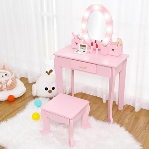 Kids Vanity Set, Pretend Play Girls Vanity Table and Chair Set with Lighted Mirror, Stool, and Wood Makeup Playset - 1 of 4